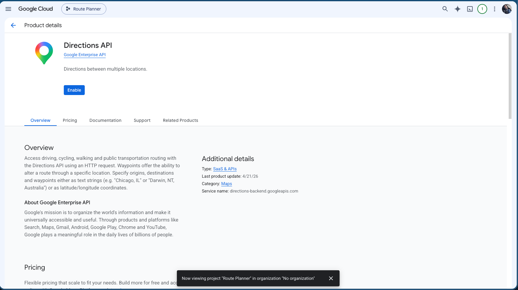 Produktsidan för Directions API med knappen Enable.
