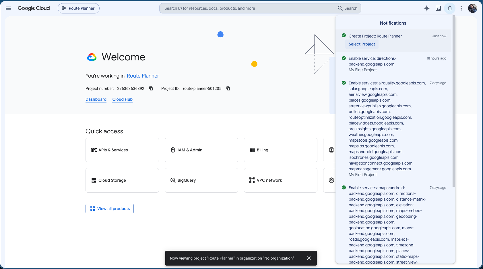 Route Planner är nu valt som aktivt Google Cloud-projekt.