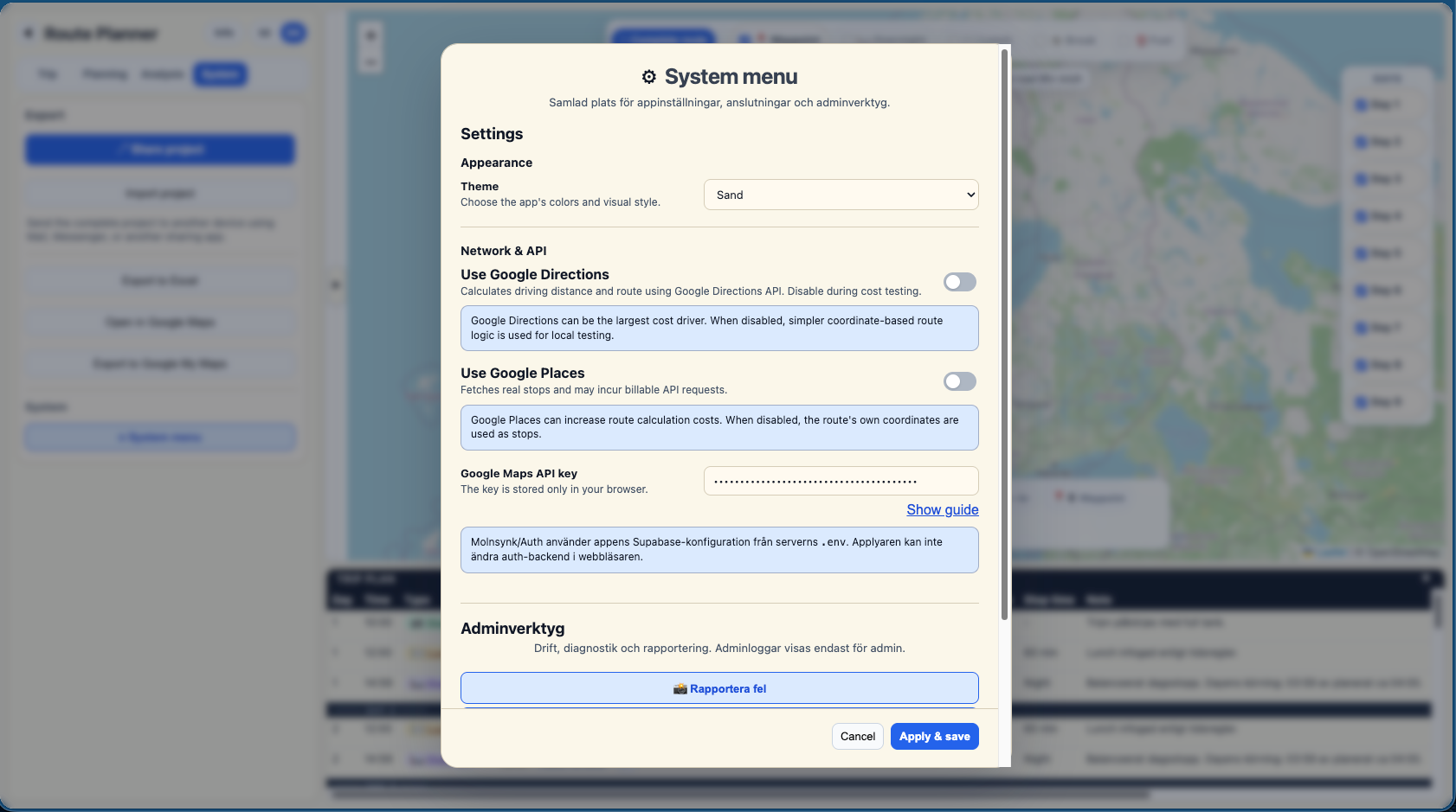 System menu med Google Maps API key-fältet.