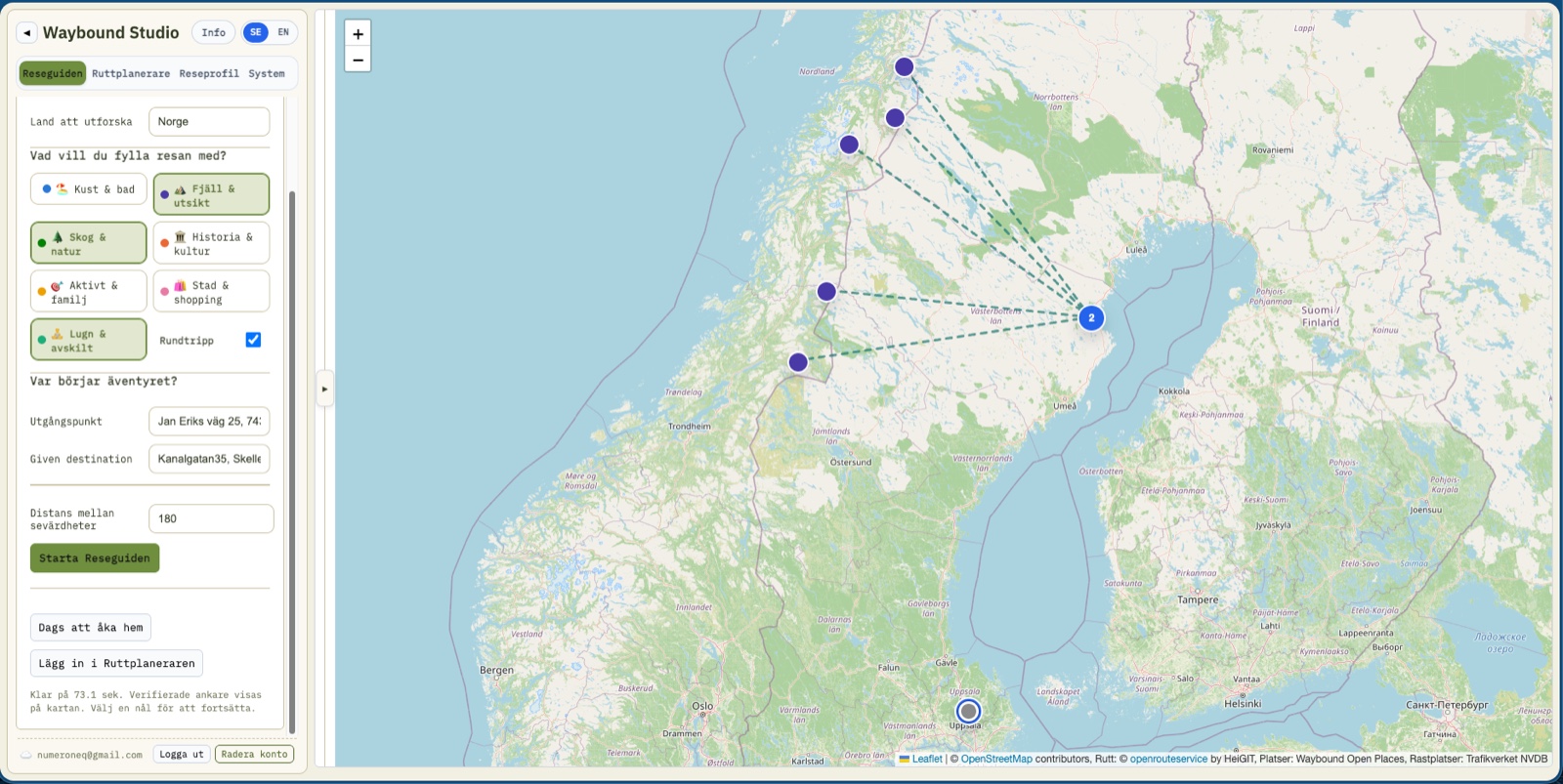 En beräknad rutt med dagsetapper