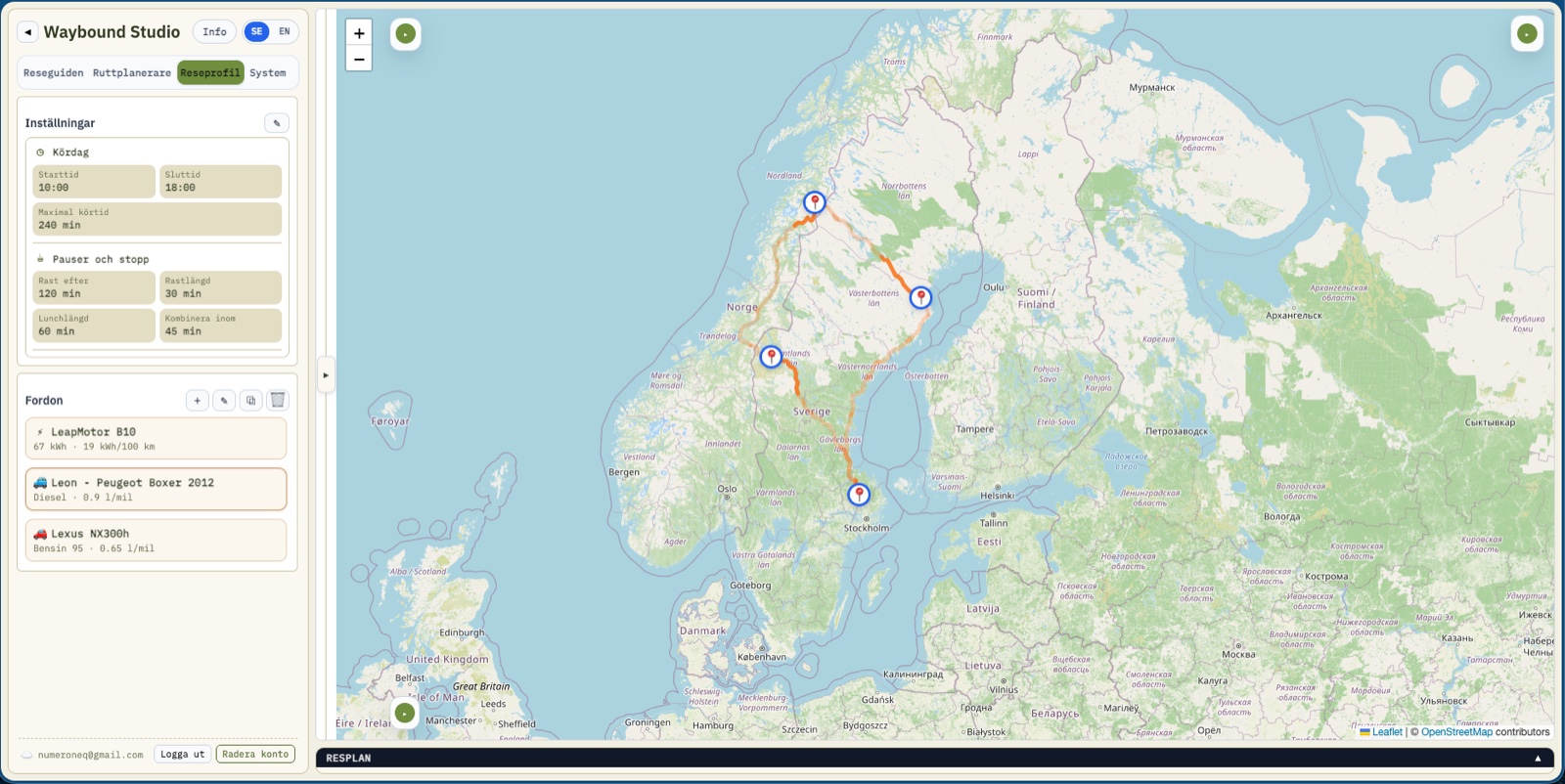 Reseprofil med fordon och kördagsregler