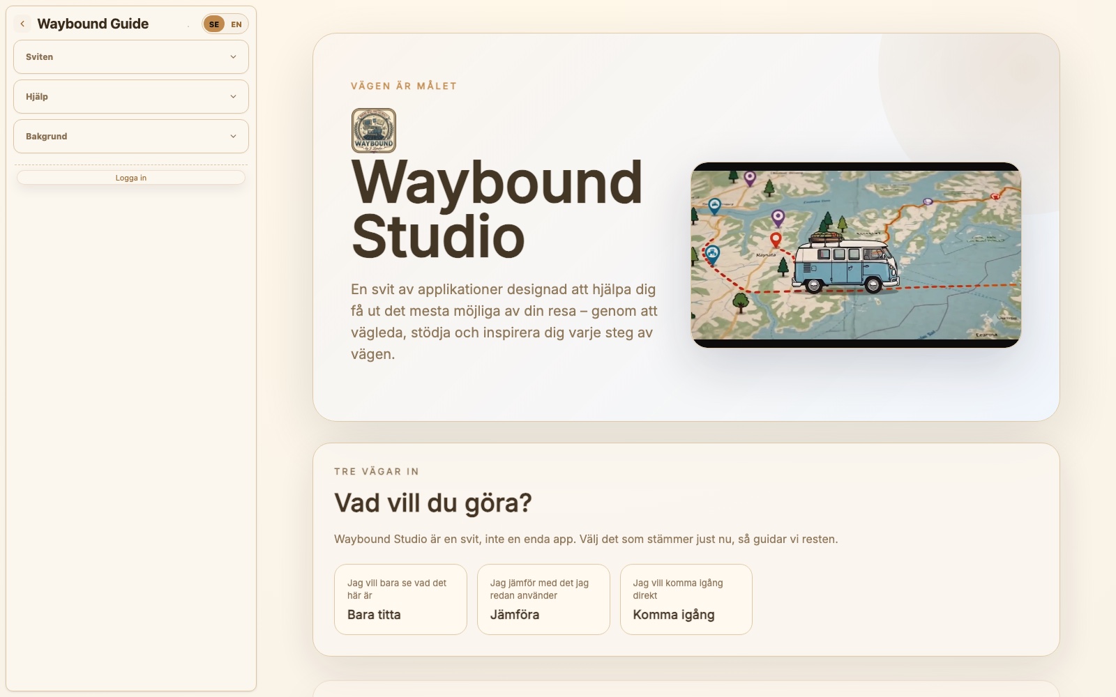 Waybound Guide, startsidan